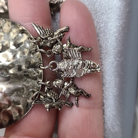 Earrings Retro 80's Tarnished Silver Tone Statement Angel Fringe Eclectic Unique - Picture 3 of 5